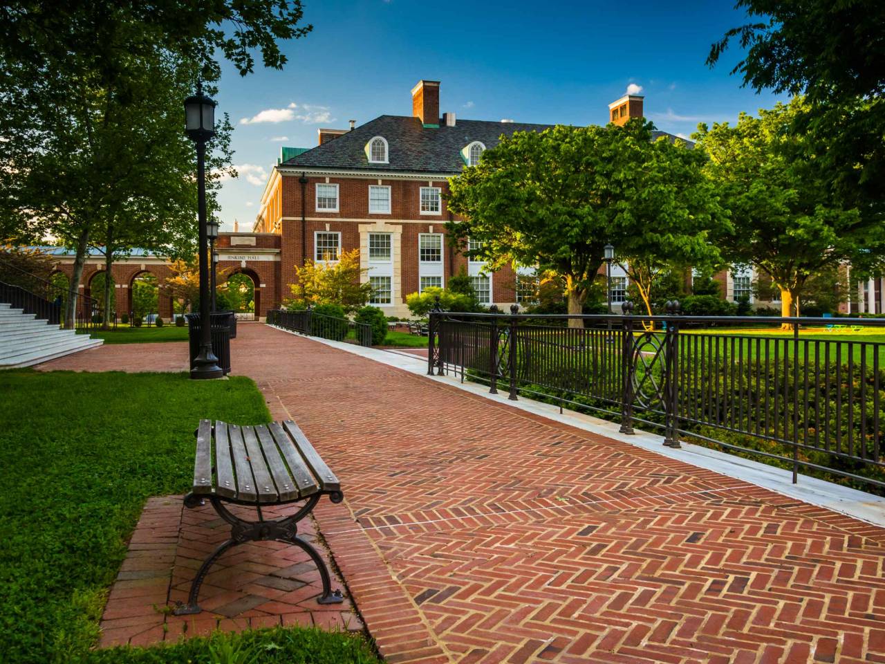 Walkway and buildings at John Hopkins University in Baltimore, Maryland.
