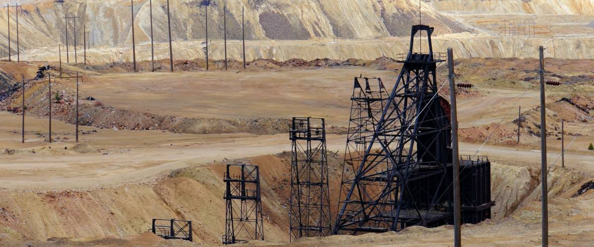 Butte, Montana, Old mining headframes sit in the middle of a huge copper mine