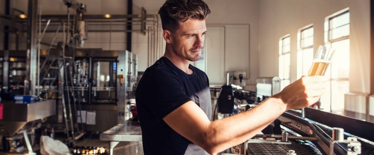 Young man working at small craft beer making factory and checking the quality of beer. Young businessman testing the beer at brewery.