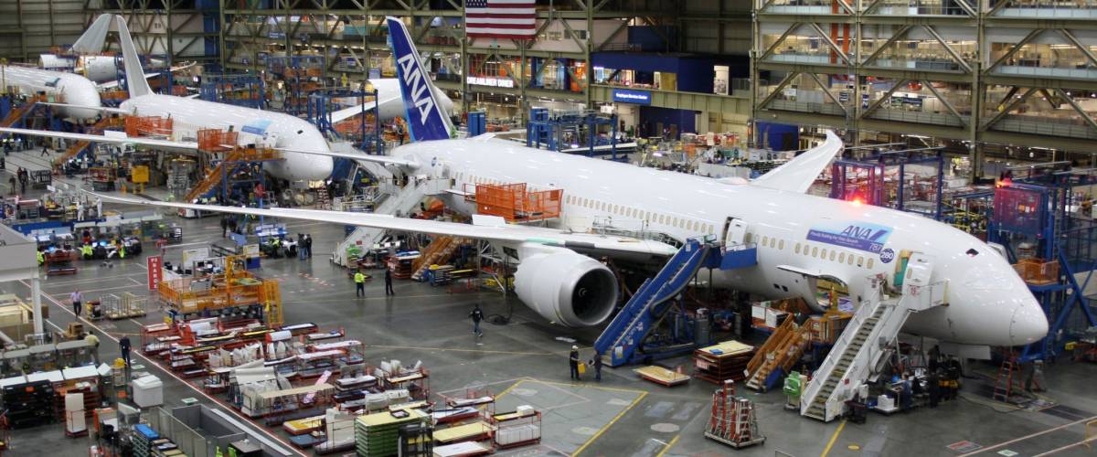 EVERETT (WA), USA – JANUARY 30 2015: Unidentified Boeing employees continue work building a Boeing 787 jets at its Everett factory, including for Japanese airline All Nippon Airways (ANA).