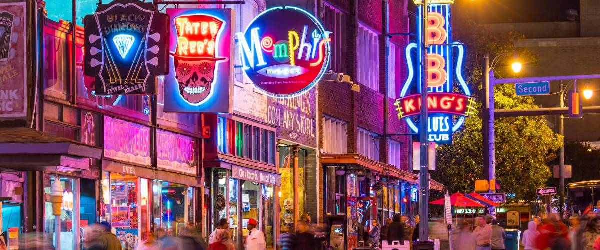 MEMPHIS, USA - NOV 12: Neon signs of famous blues clubs on Beale street on November 12, 2016 Beale street is a place for blues festivals and concerts