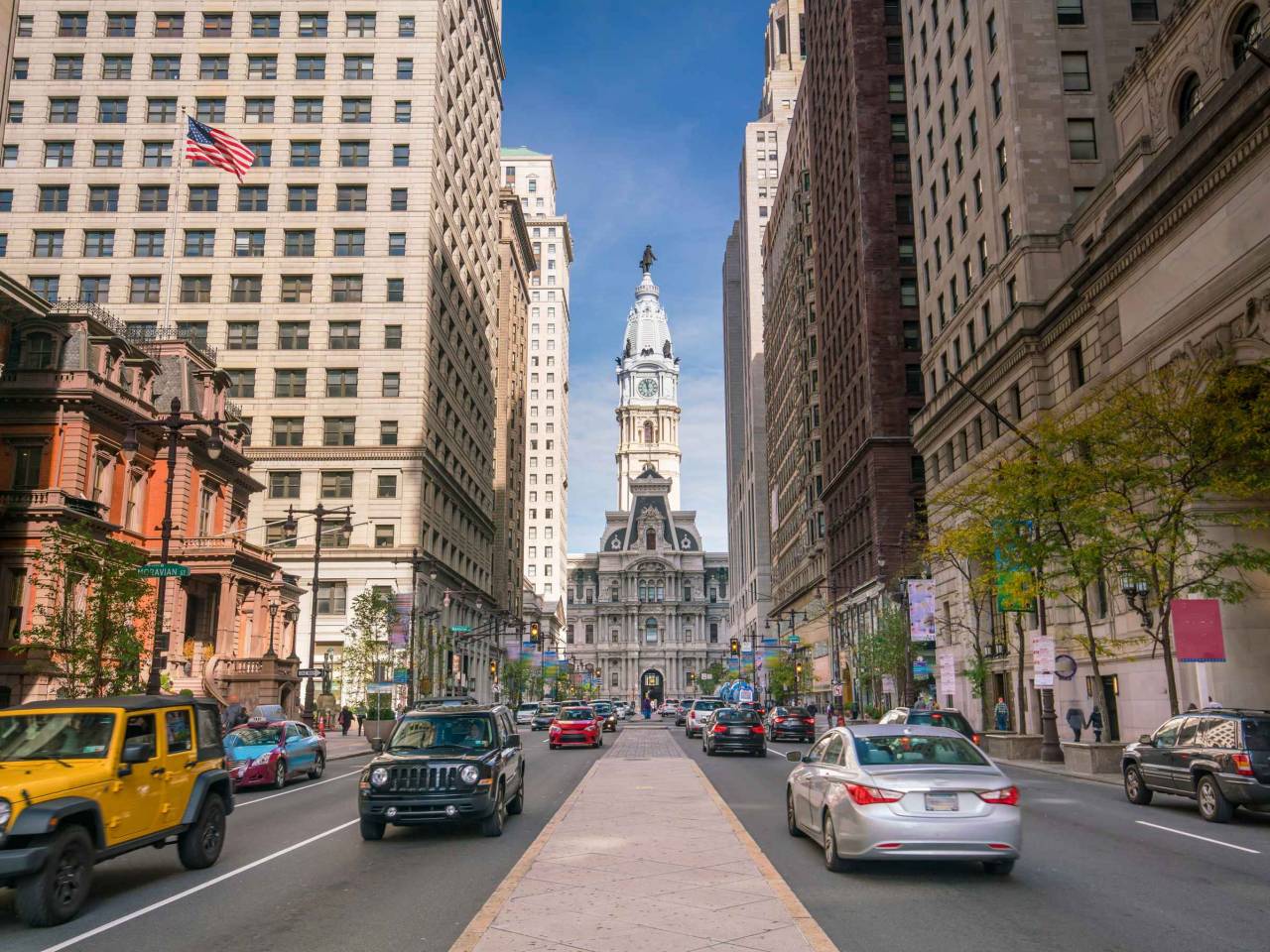 Street view of downtown Philadelphia in PA, USA