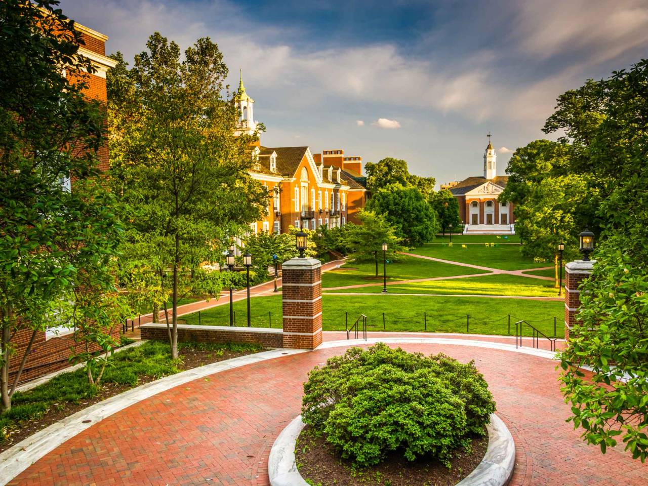 View of buildings at John Hopkins University in Baltimore, Maryland.