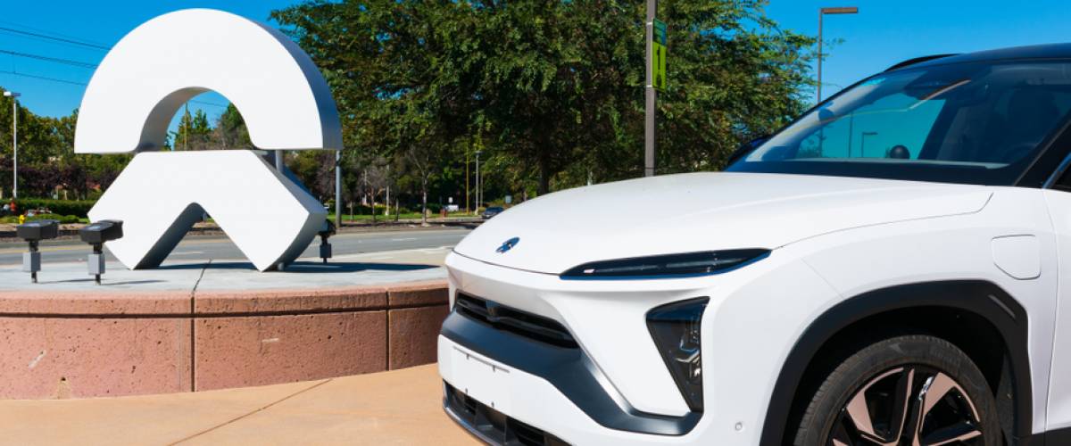 NIO ES6 electric SUV semi-autonomous car on display near Chinese automobile manufacturer NIO software development office in Silicon Valley