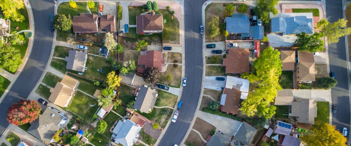 Aerial view of residential neighborhood in the Autumn.