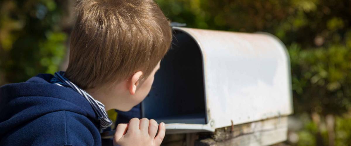 Little boy looking into empty mailbox, seen from behind.