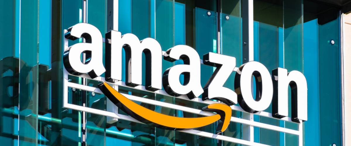 Close up of Amazon logo and Smile symbol at one of their corporate offices.