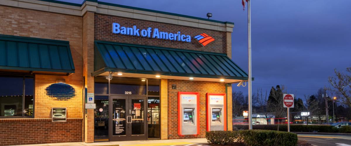 Bank of America branch building in Beaverton at twilight