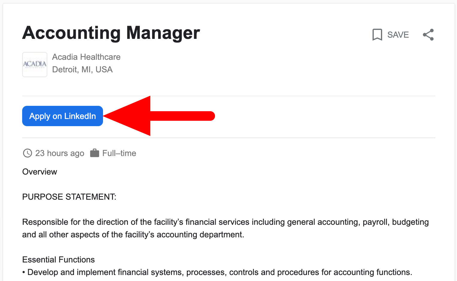 Google job search page for accounting manager