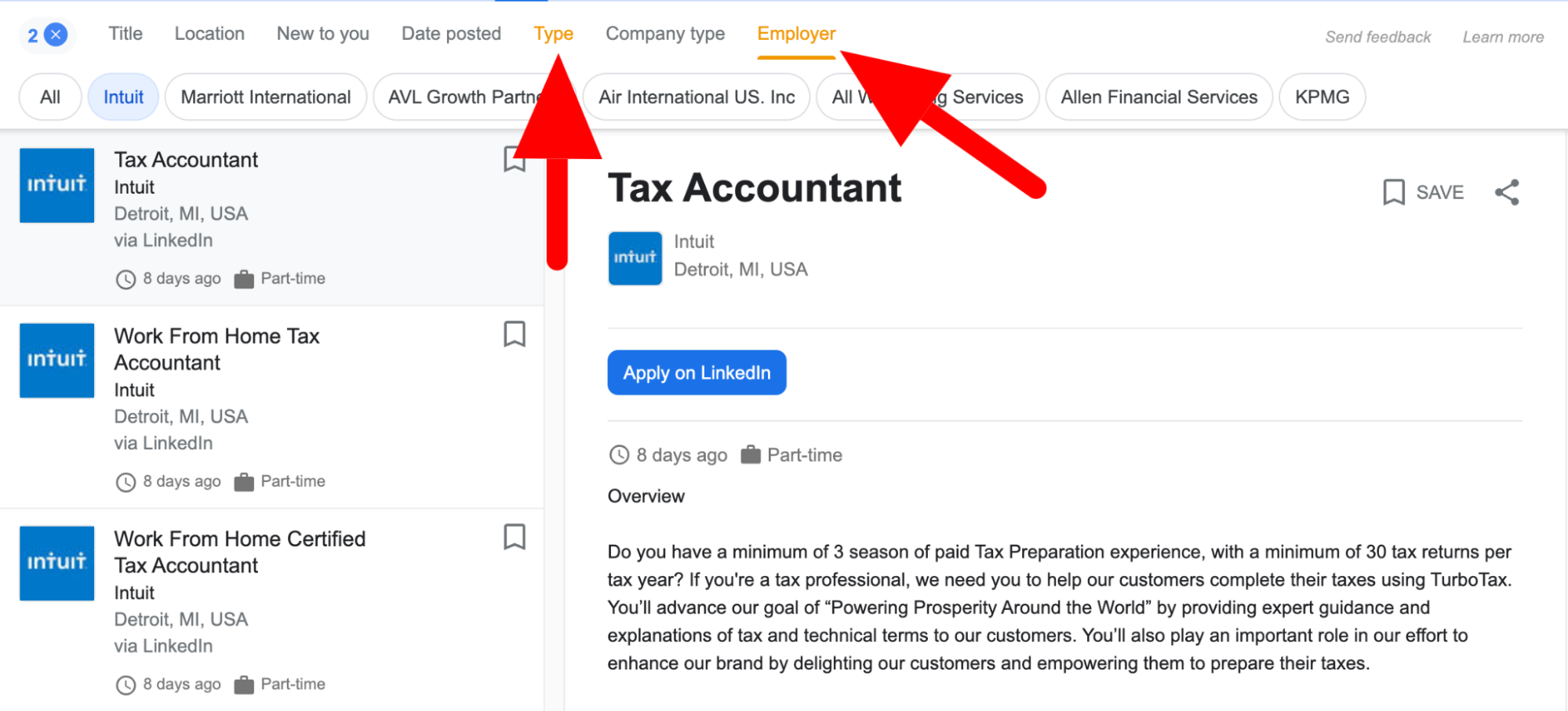 Google job search page for tax accountant