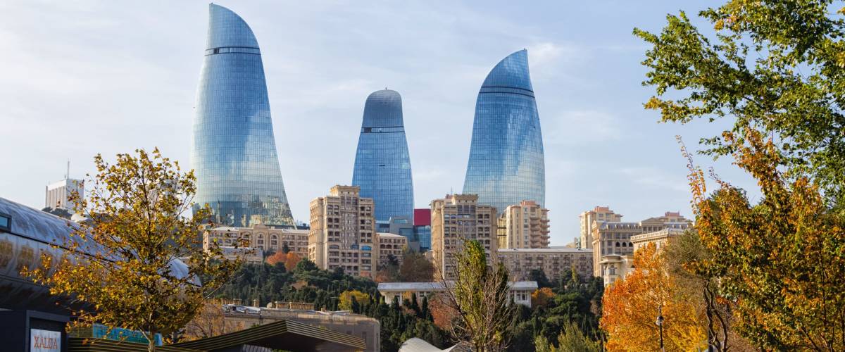 BAKU, AZERBAIJAN - NOVEMBER 14, 2016: View of the city centre of Baku with Flame Tower in the background. Azerbaijan