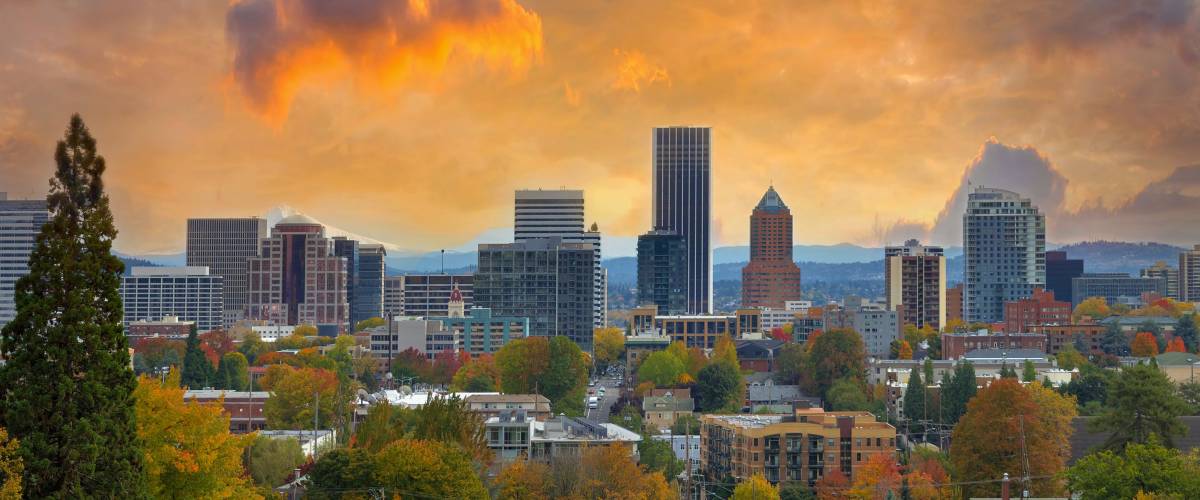 Portland Oregon Downtown City During Sunset in the Fall Season