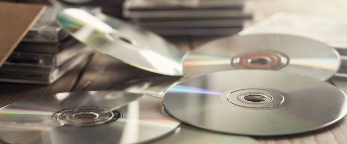 Rows of music cds with speakers