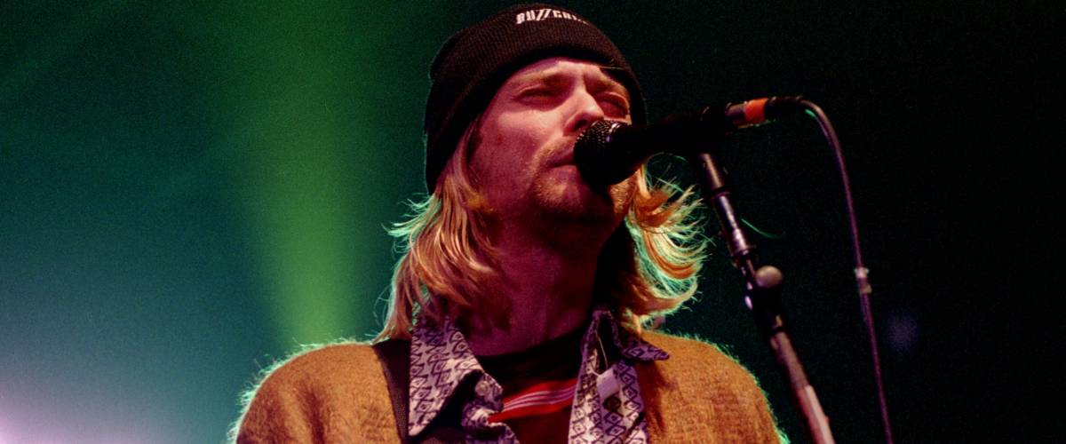Milan Italy, 25 February 1994, live concert of Nirvana at the Palatrussardi : The singer and guitarist of Nirvana, Kurt Cobain, during the concert
