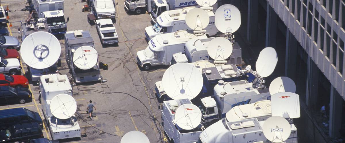 The media's satellite dishes covering the O.J. Simpson trial, Los Angeles, CA