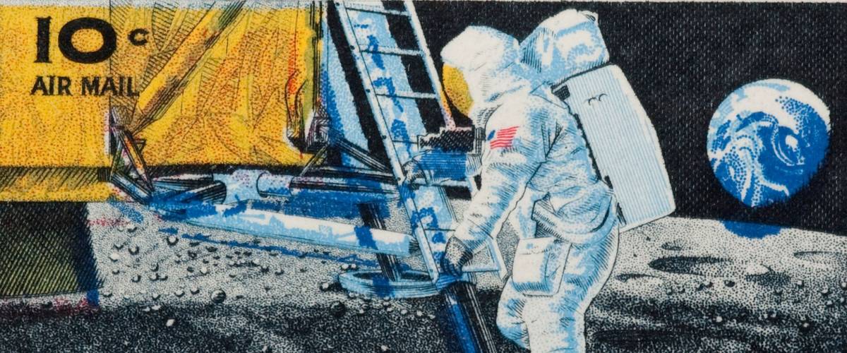 UNITED STATES - CIRCA 1969: mail stamp featuring Neil Armstrong's first step on the moon, circa 1969