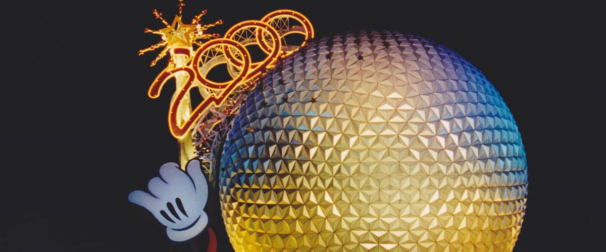 Epcot Spaceship Earth at Night during the Millennium Celebration in the year 2000.