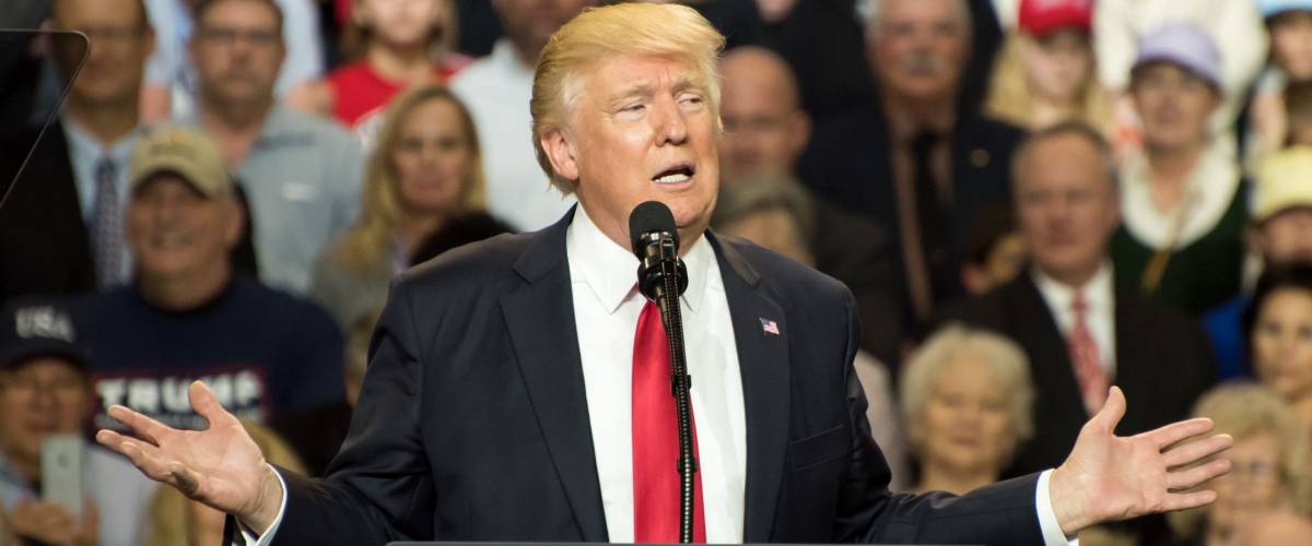 Louisville, Kentucky – March 20, 2017: President Donald J. Trump addresses a crowd at a rally inside Freedom Hall in Louisville, Kentucky, on March 20, 2017.