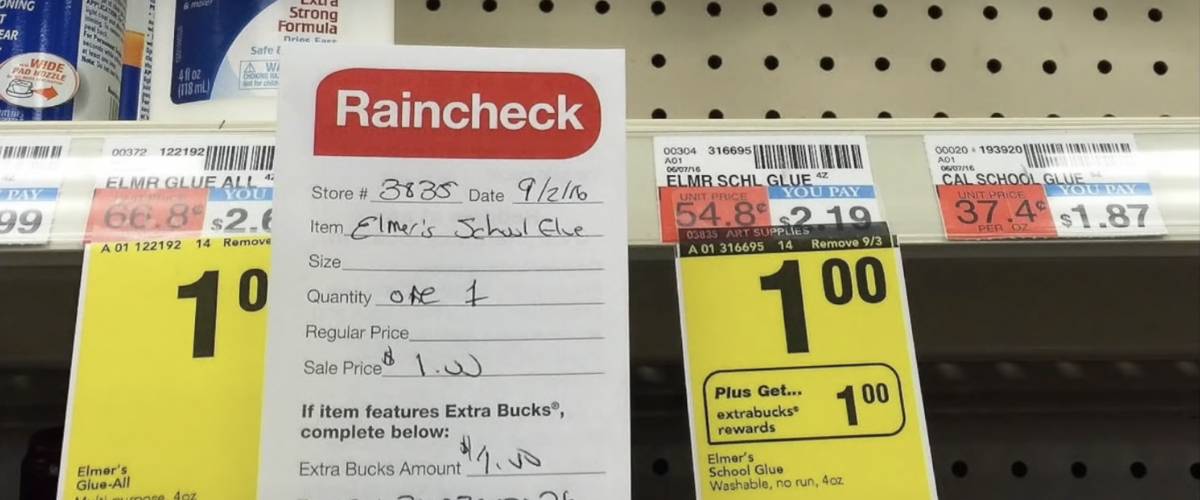 Close up on a raincheck from CVS