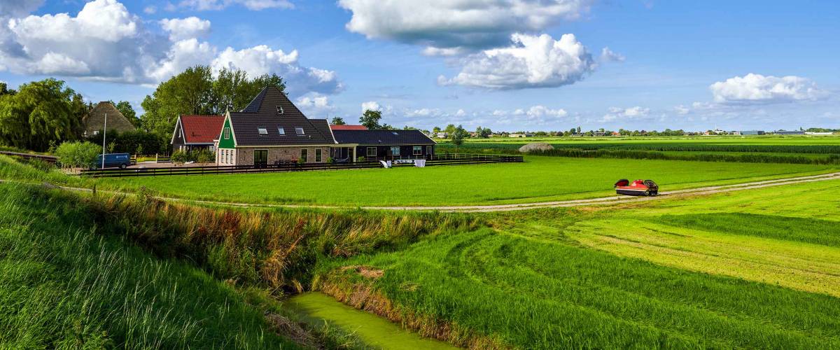 Summer rural farm field landscape with house