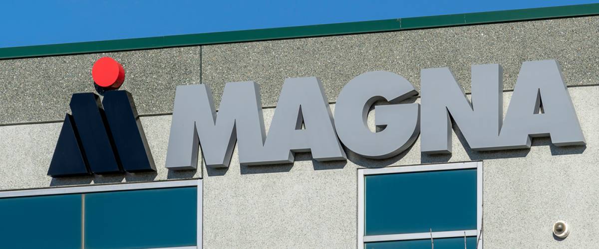 The logo for Magna International auto supplier on one of the Canadian company's buildings