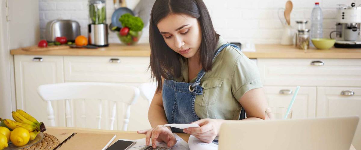 Picture of serious concentrated young brunette housewife paying bills for rent, gas and electricity, feeling frustrated.