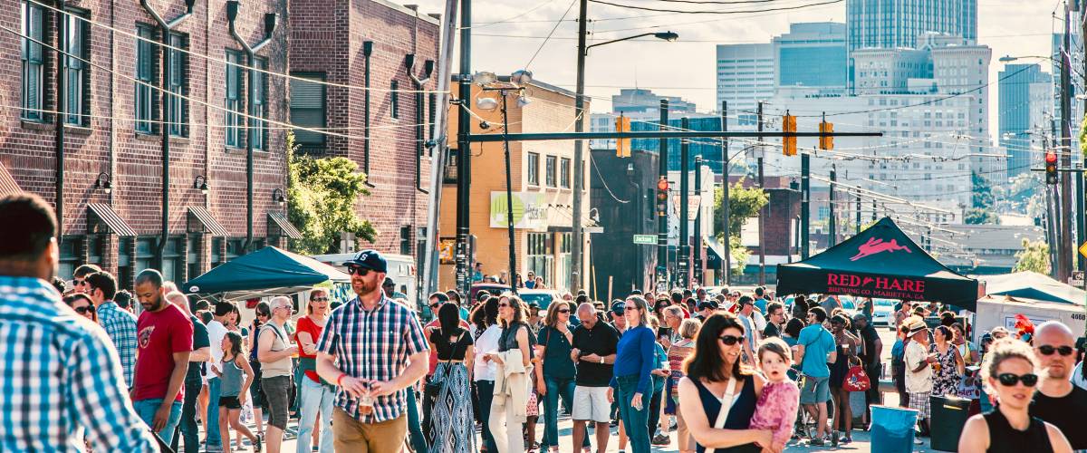 Crowd of people gathered at a downtown festival in Atlanta