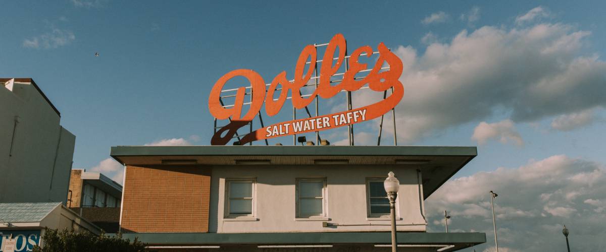 Dolles Candyland Salt Water Taffy store on the boardwalk of Rehoboth Beach in Delaware.