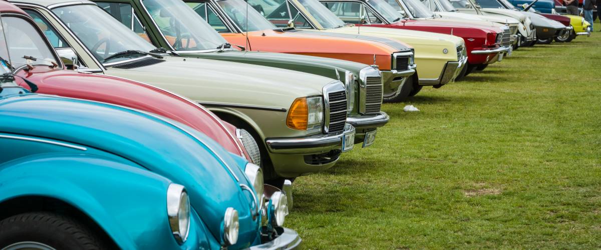 Retro cars lined up at car show