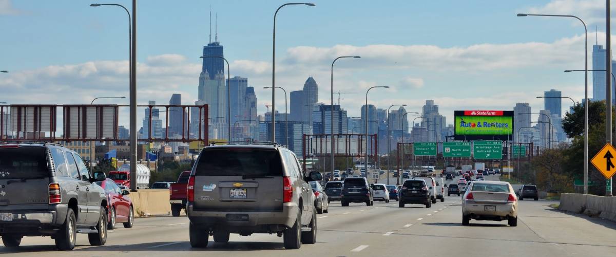 Chicago, IL, USA - October 31, 2017. Driving on the Highway I-90 Kennedy Express to Downtown Chicago.