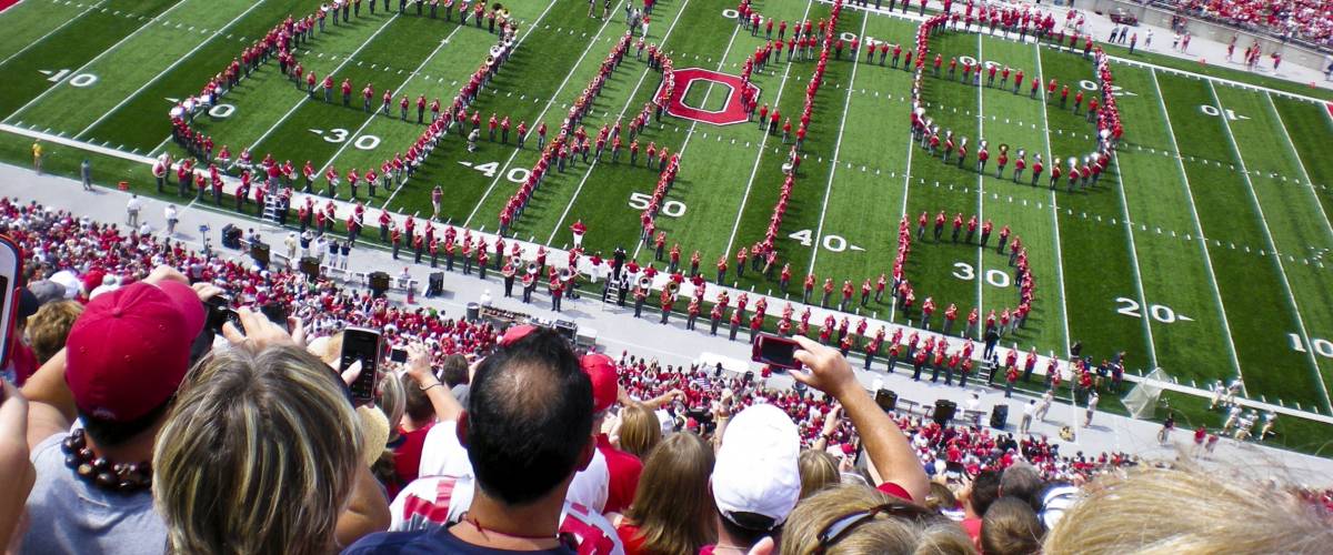 COLUMBUS,OH-SEPTEMBER 5: The Ohio State Alumni band performs the famous Script Ohio with the current OSU band before the game against Navy on September 5, 2009.