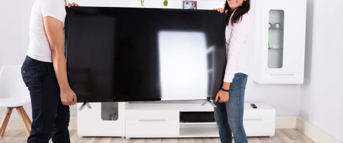 couple holding television