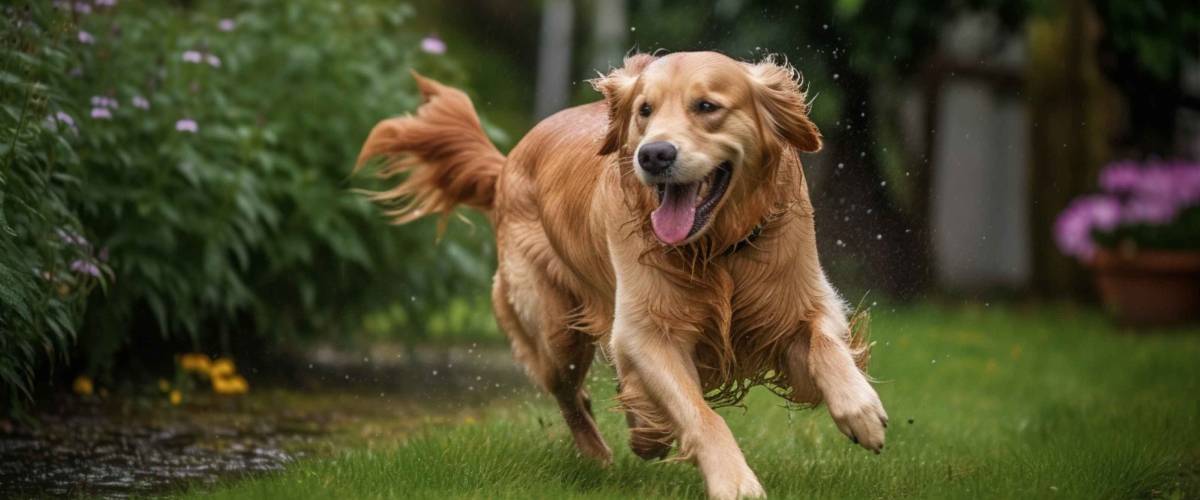 Photo of a cute Golden Retriever running and playing with garden sprinkler water on a summer day. Green tone grass.