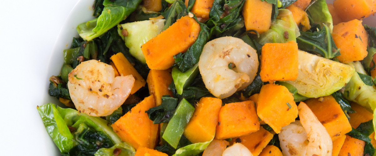 Sweet potato, greens and shrimp