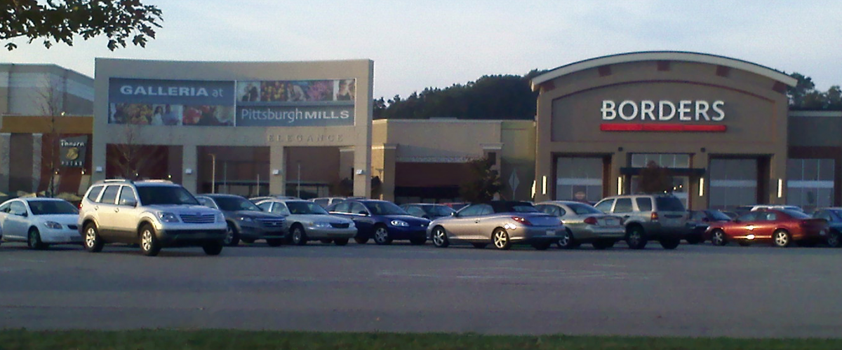 View of Pittsburgh Mills Entry 1 including Borders and Panera Bread. October 2010.