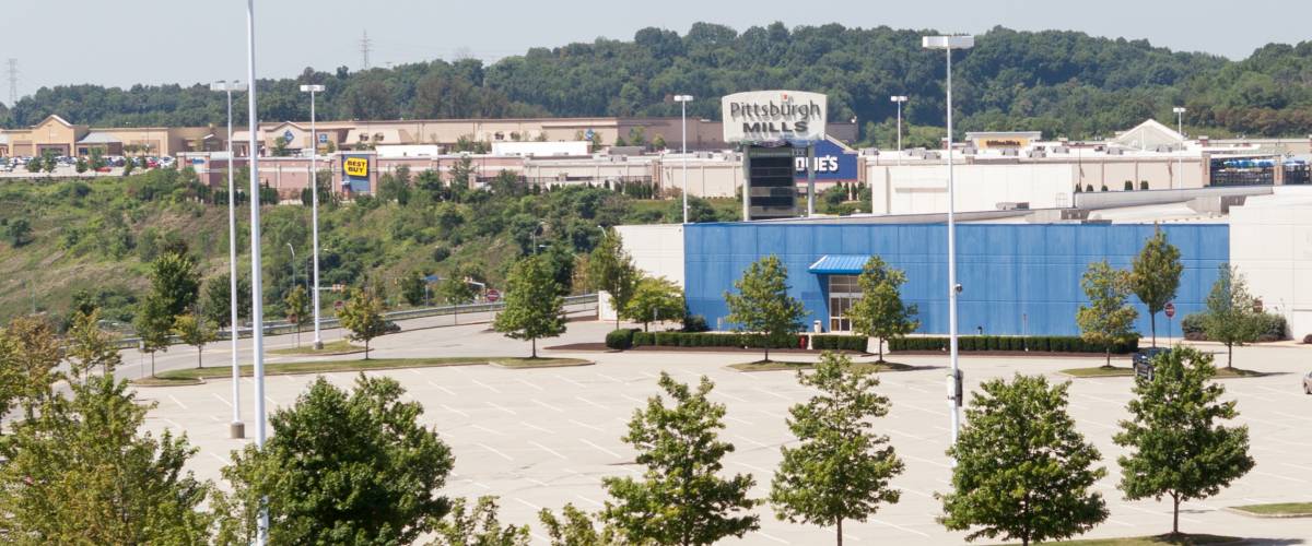 Pittsburgh Mills Mall, Frazer Township, Pennsylvania. Looking southwest from small hill on the northeast side of the facility.