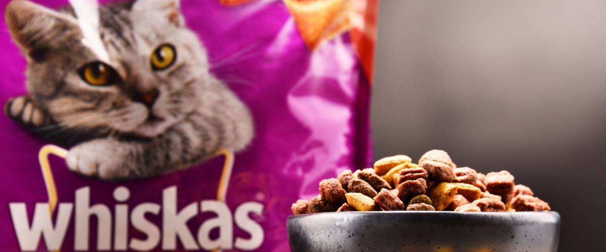 POZNAN, POLAND - FEB 21, 2018: Whiskas products, global brand of cat food produced by the American company Mars, Inc., available as meat-like pieces in cans, pouches, or dry biscuits