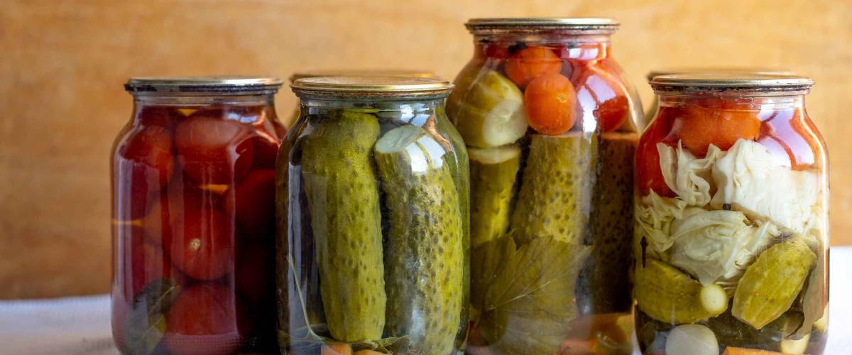 Glass jars with pickled veggies
