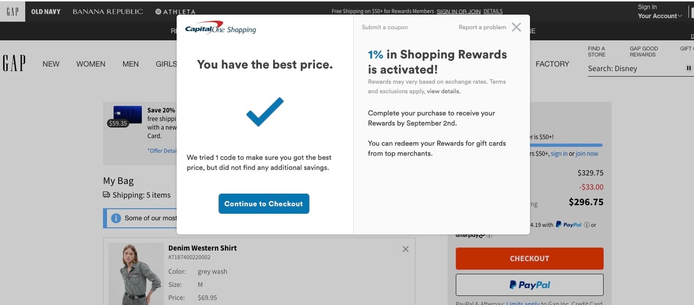 Screenshot of savings deal on Gap clothing