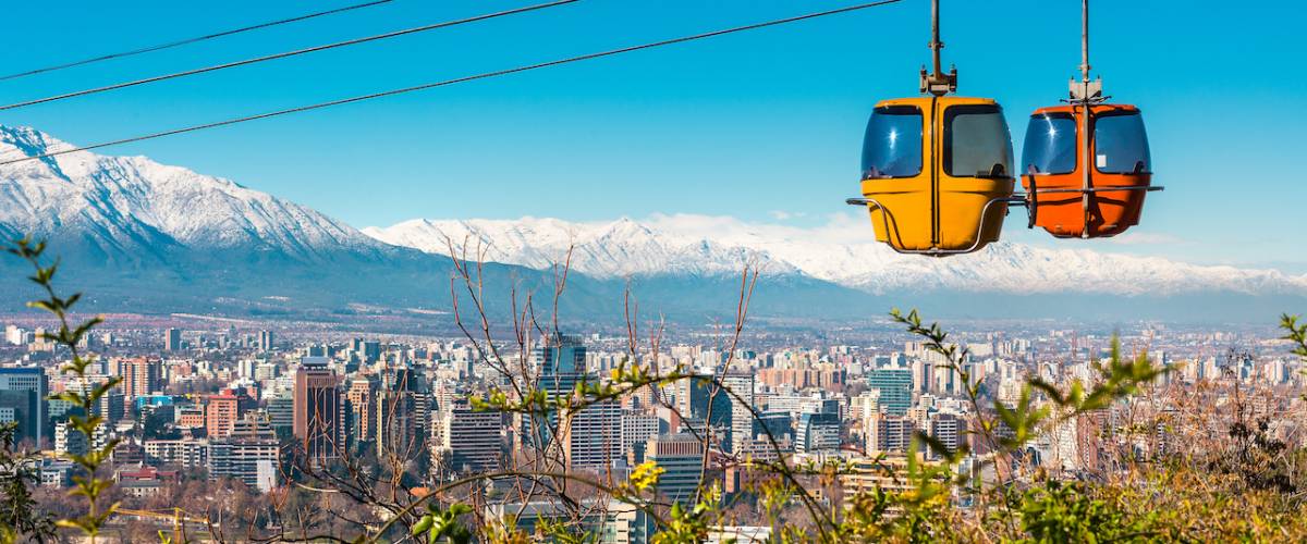 Cable car in San Cristobal hill, overlooking a panoramic view of Santiago de Chile