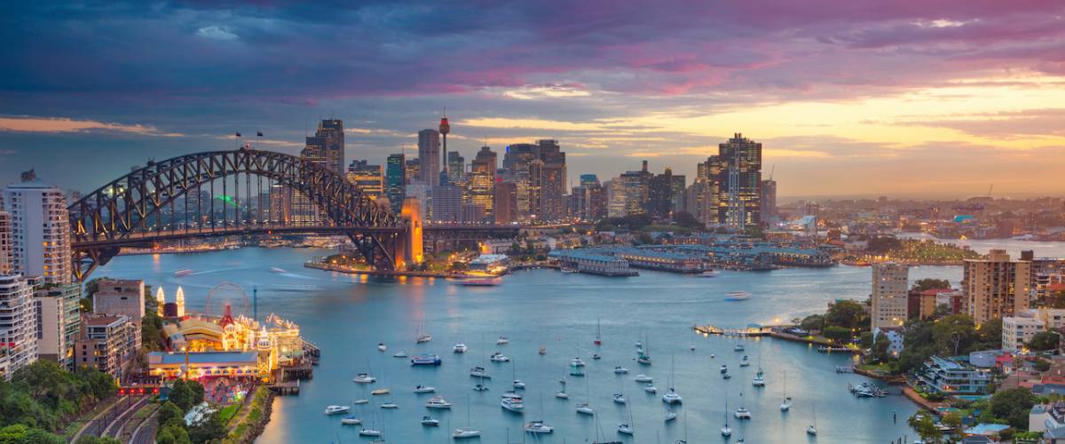 Sydney. Cityscape image of Sydney, Australia with Harbour Bridge and Sydney skyline during sunset.