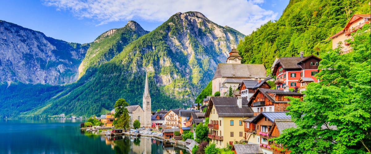 Hallstatt, Austria. Mountain village in the Austrian Alps at sunrise.