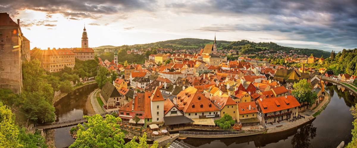 Panoramic sunset view over the old Town of Cesky Krumlov, Czech Republic on 9 August, 2017.