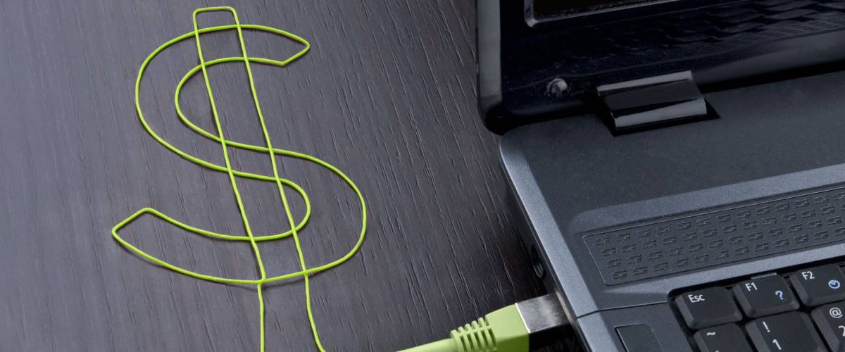 Electronic banking. Green ethernet cable forming a dollar sign