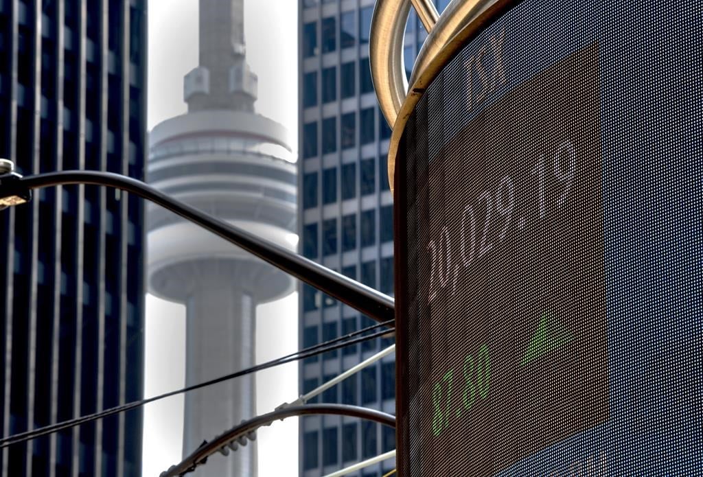 A signboard displays the TSX close in Toronto on Friday, June 4, 2021. 