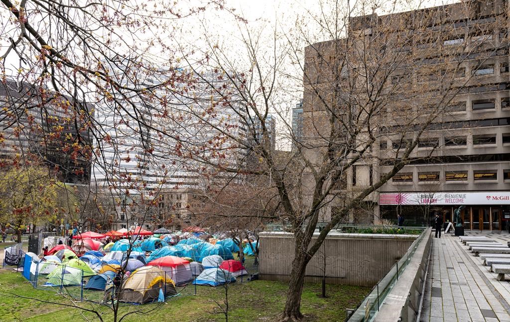 An encampment set up by pro-Palestinian student activists is seen on McGill University campus in Montreal, Monday, April 29, 2024. Pro-Palestinian students have set up protest camps at McGill
