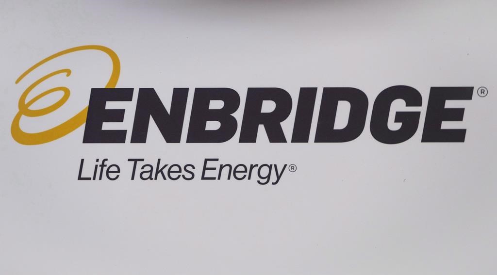 The Enbridge logo is shown at the company&#039;s annual meeting in Calgary on May 9, 2018. 
