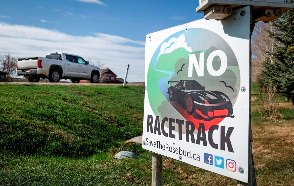 A sign is shown near Rosebud, Alta., northeast of Calgary, where landowners are fighting a proposed racetrack on Wednesday, May 8, 2024.