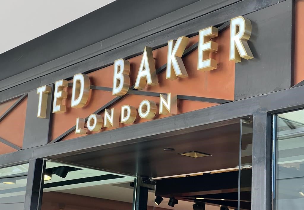 Signage on a Ted Baker store is shown at the CF Rideau Centre in Ottawa on Monday, April 29, 2024. Ted Baker Canada has begun closing sales at all of its stores and Brooks Brothers and Lucky 