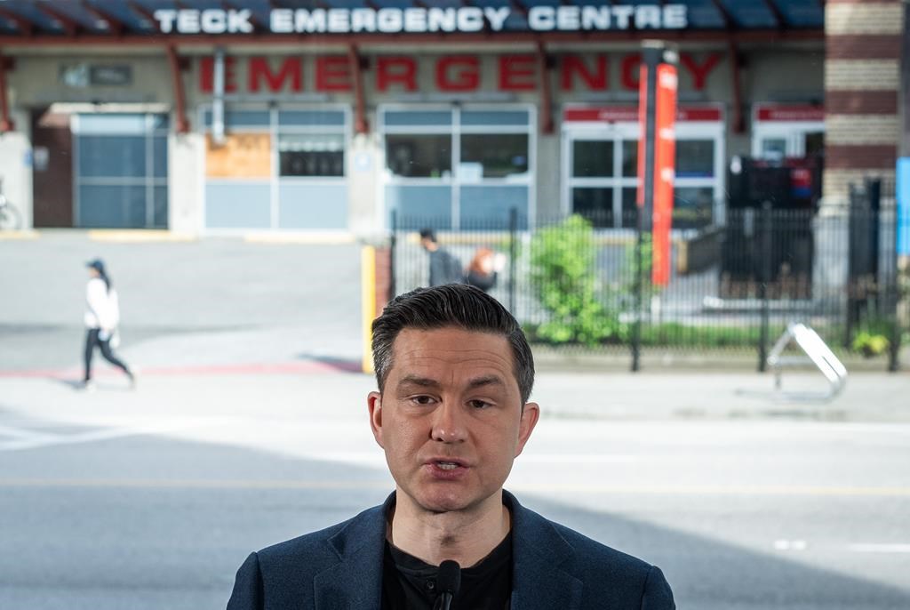 Conservative Leader Pierre Poilievre speaks during a news conference on safety in hospitals in Vancouver, on Tuesday, May 14, 2024. 